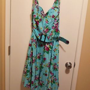 Hell Bunny Vixen Blue Floral Swing Dress with Belt M